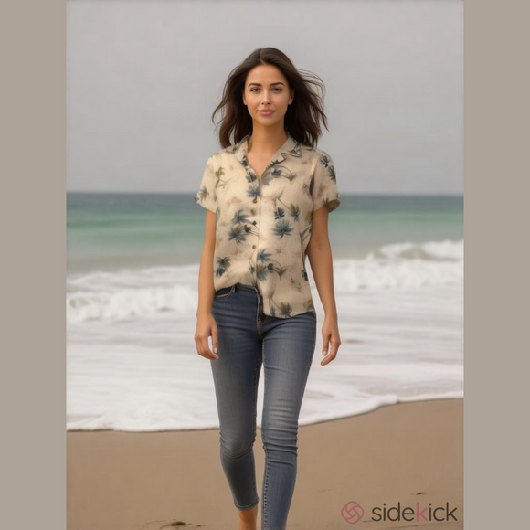 Rafaella Tops - Y2K Hawaiian Linen Short Sleeve Shirt 10 Palm Button Down Resort Cruise Beach